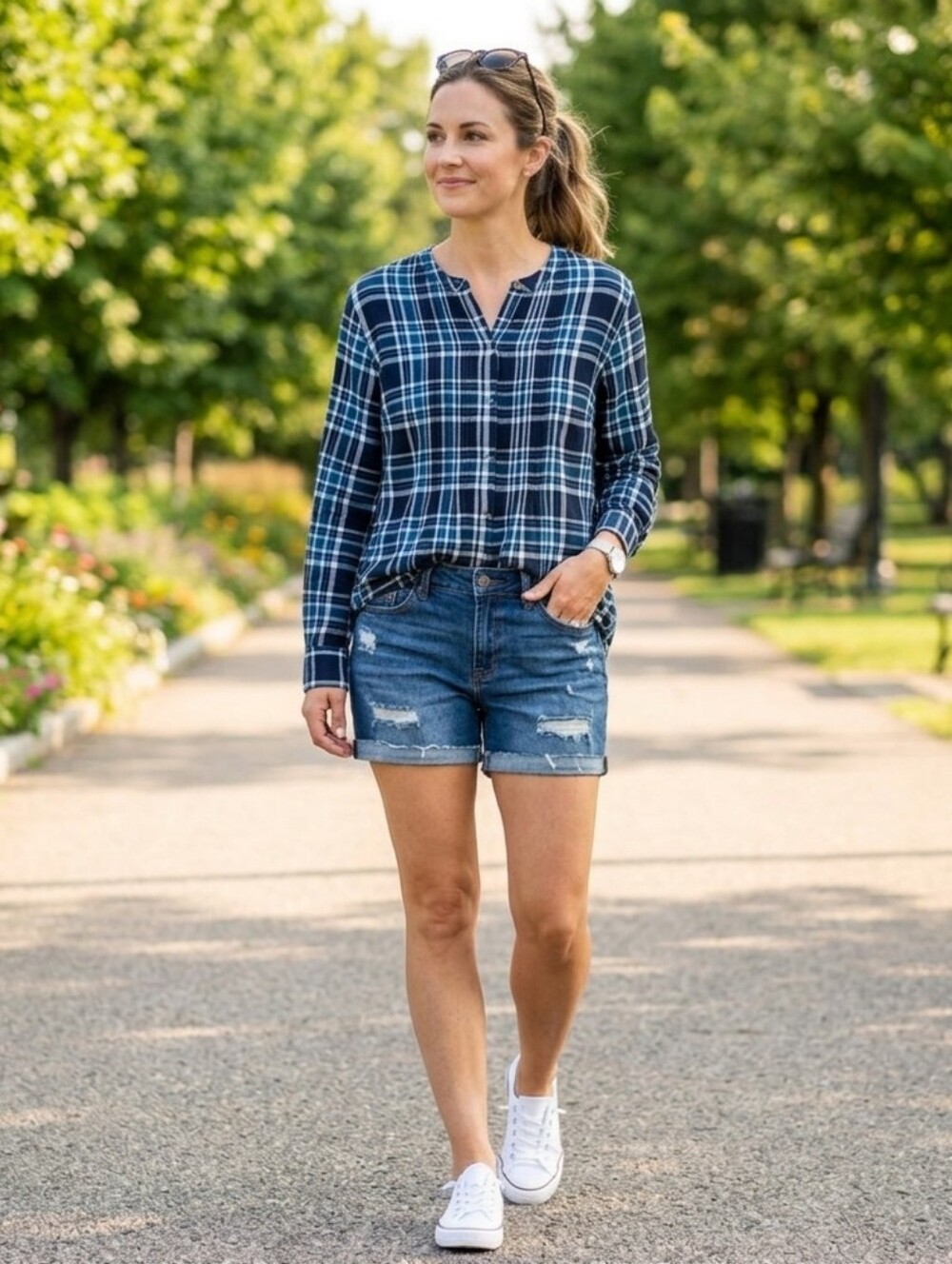 St. Johns Bay Blue Plaid Pintuck Button Up Long Sleeve Flannel Shirt Size 1X